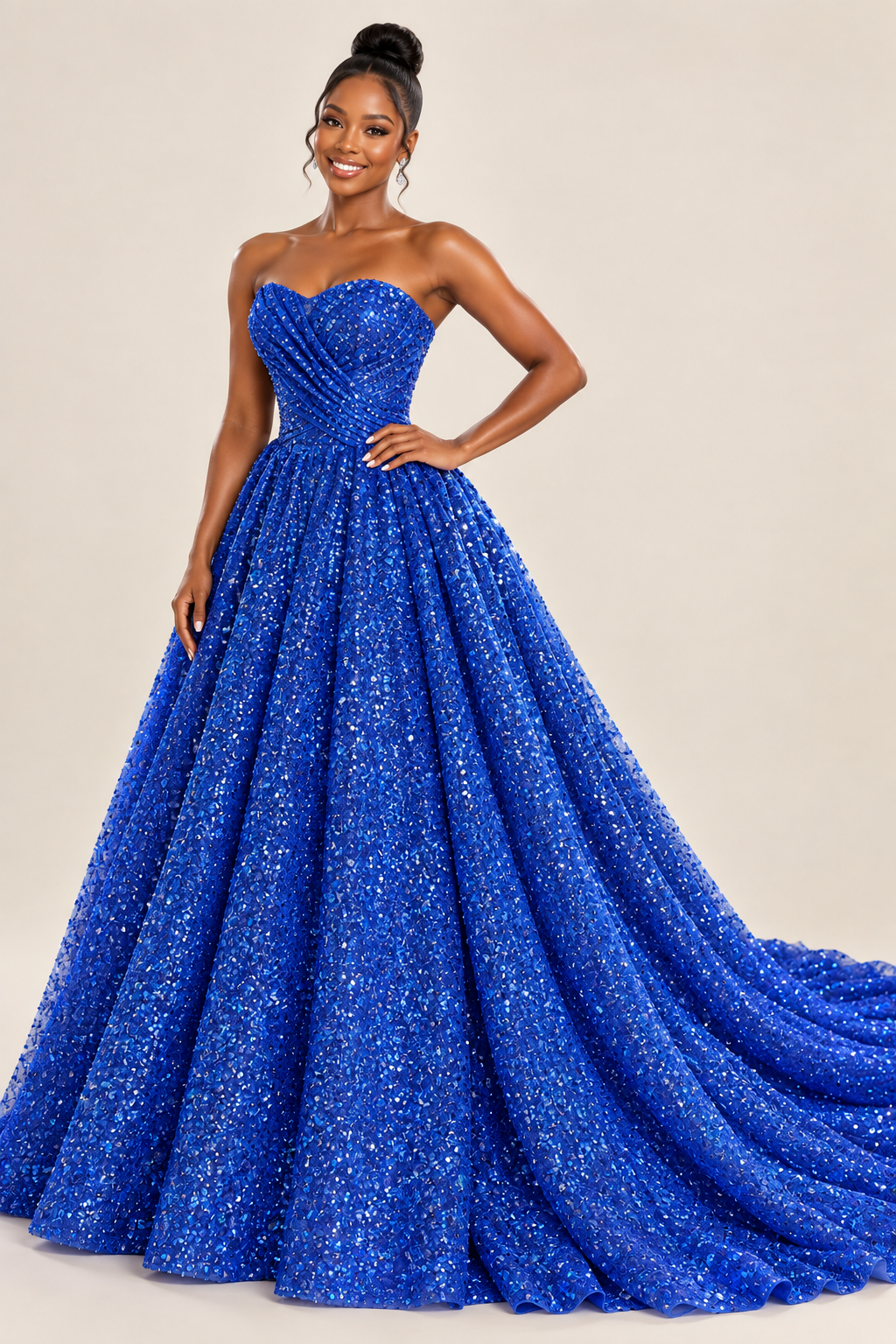 royal blue glitter tulle strapless sweetheart ball gown prom dress with draped bodice and chapel train, front view