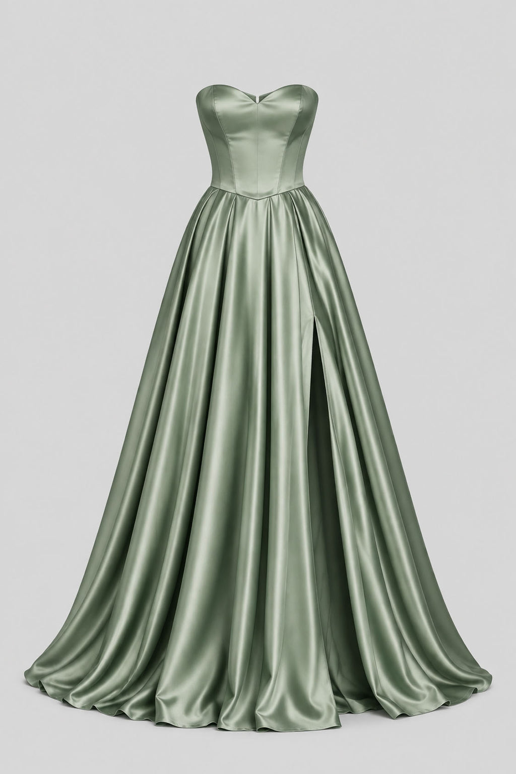sage-green satin sweetheart A-line prom dress front view with slit