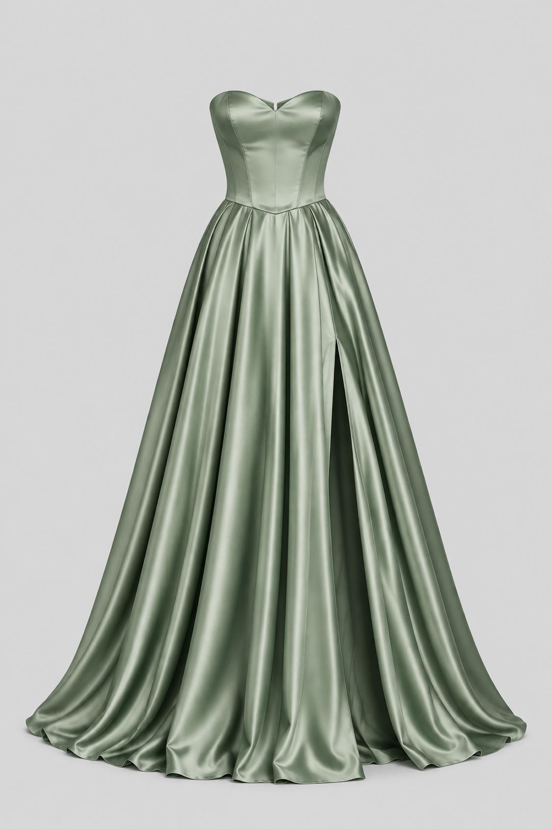 sage-green satin sweetheart A-line prom dress front view with slit