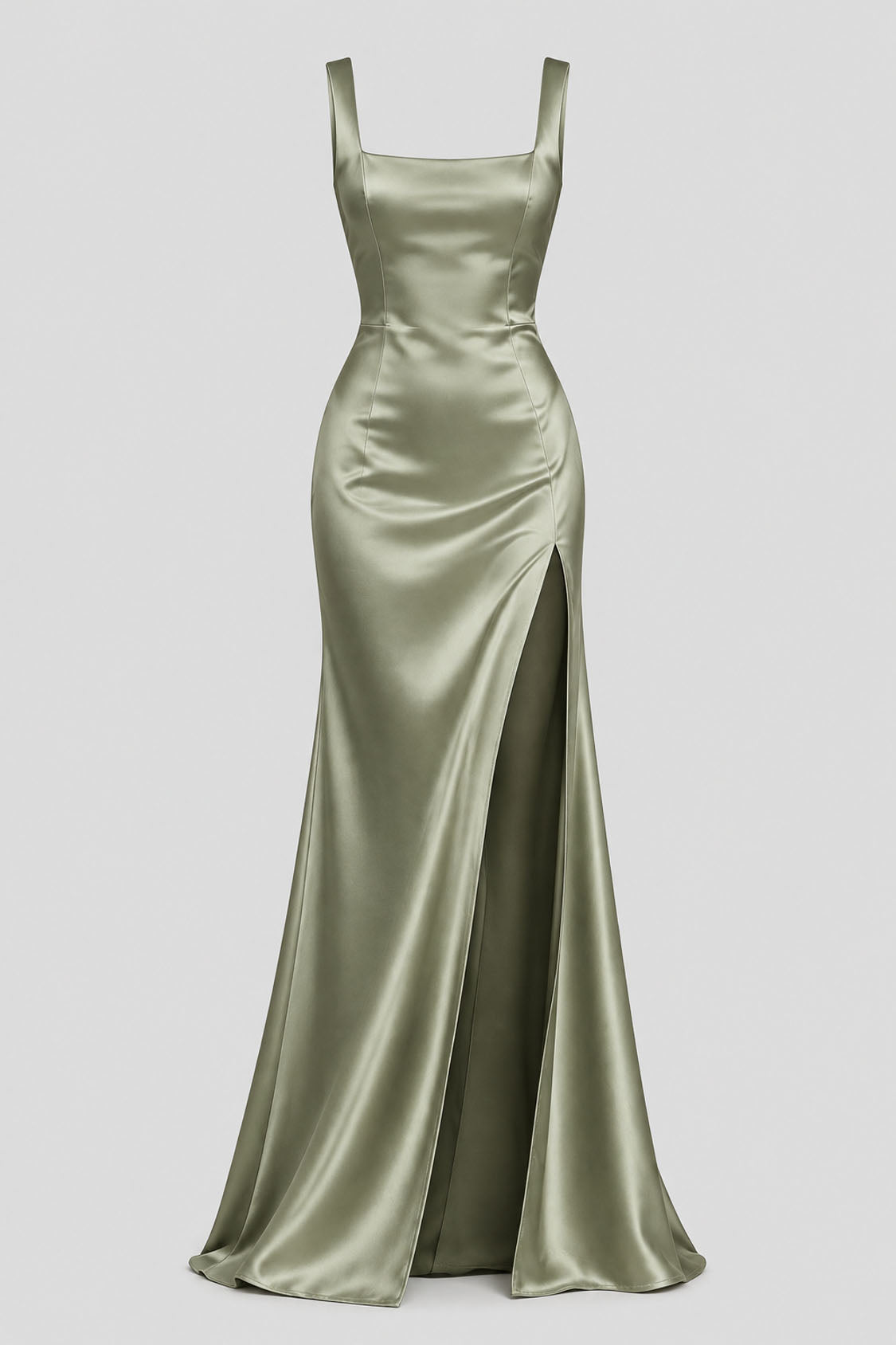 sage green satin square neck mermaid evening dress with high slit, front view