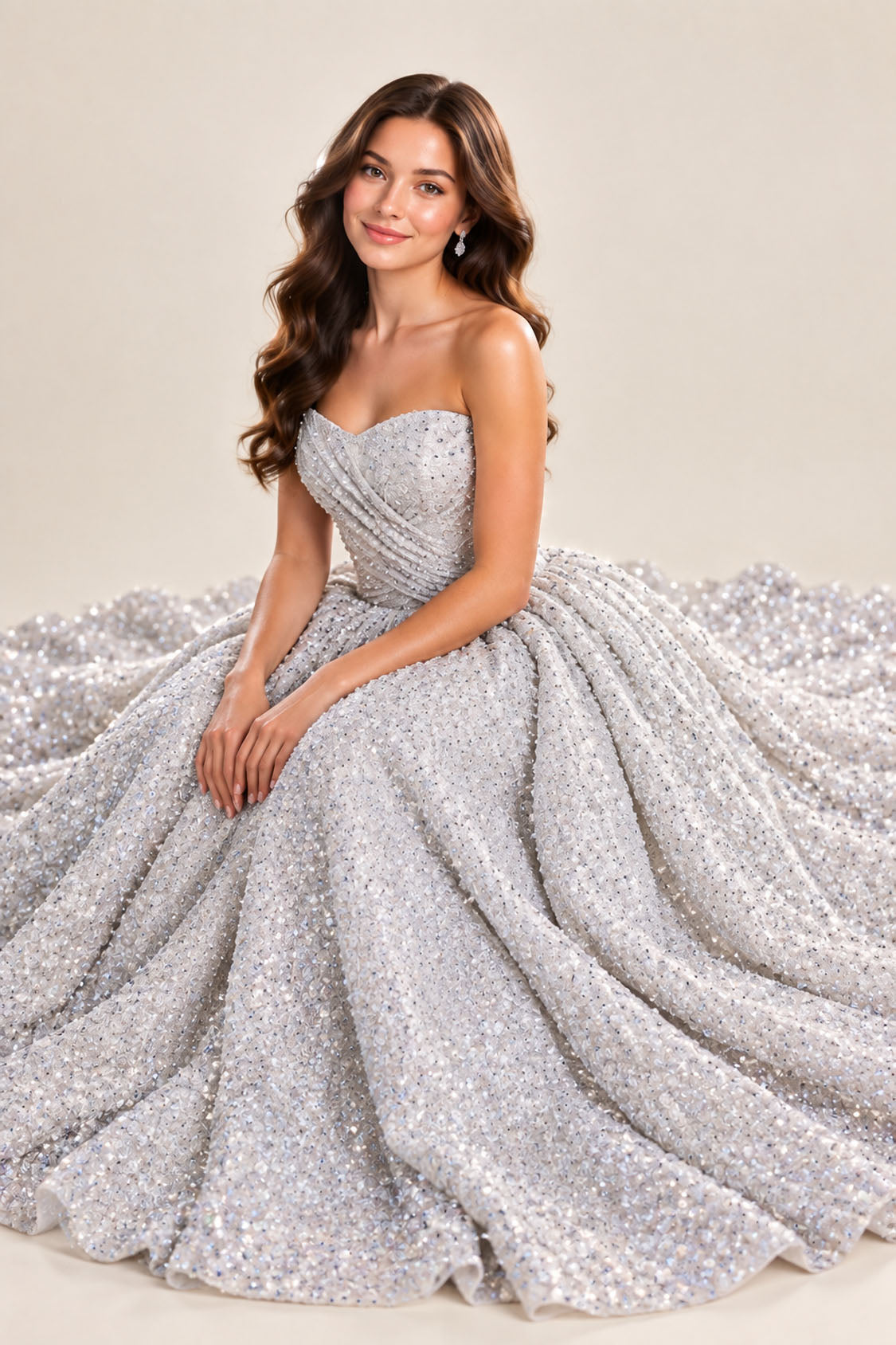 Silver glitter tulle strapless ball gown prom dress with skirt spread around the model, seated pose