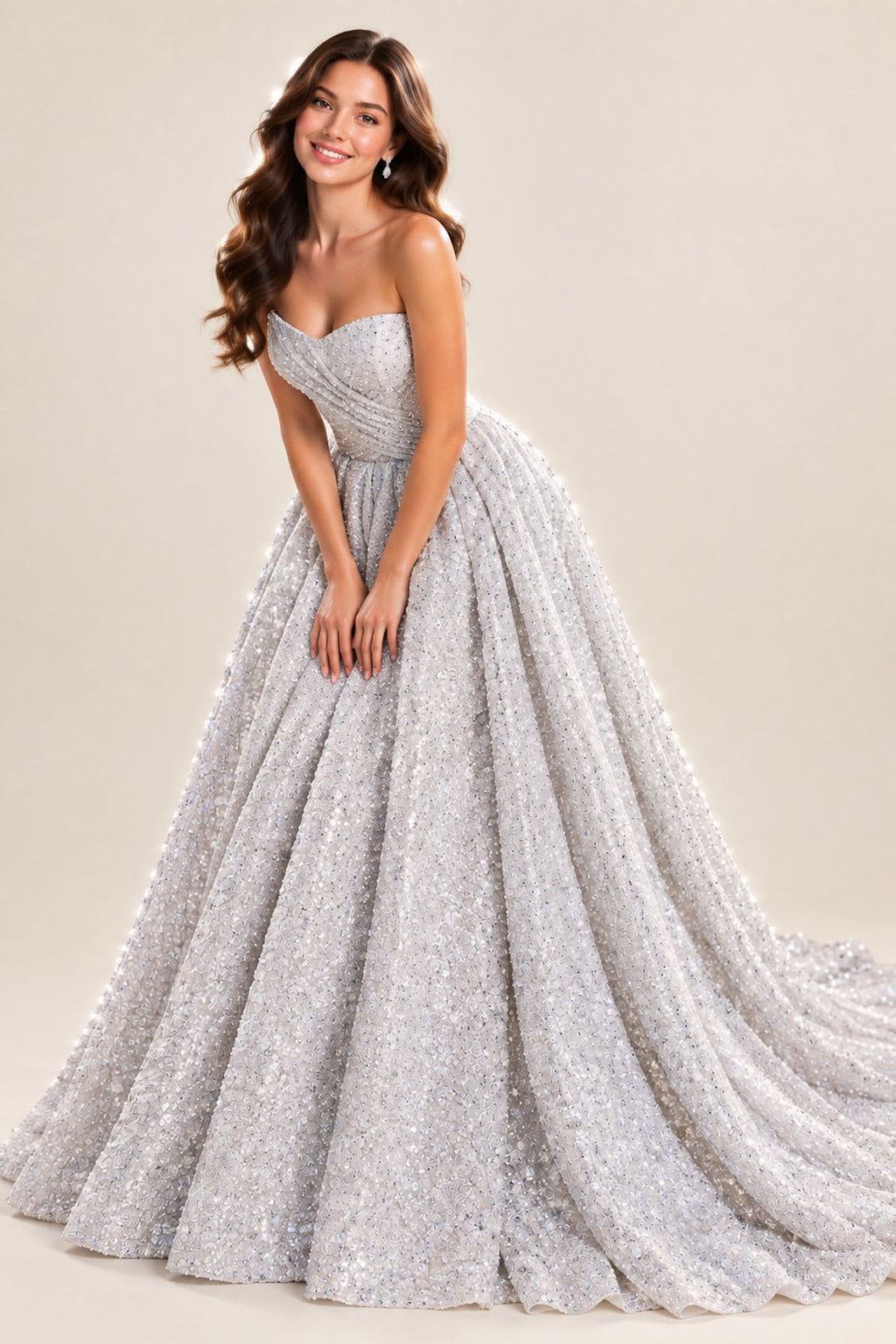 Silver glitter tulle ball gown prom dress in motion, model lifting the full skirt while walking