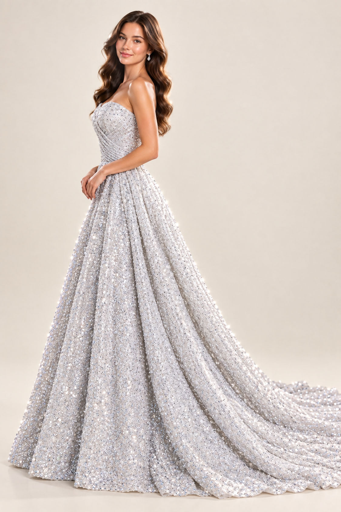 Silver glitter tulle strapless ball gown prom dress, side profile showing full skirt and long train