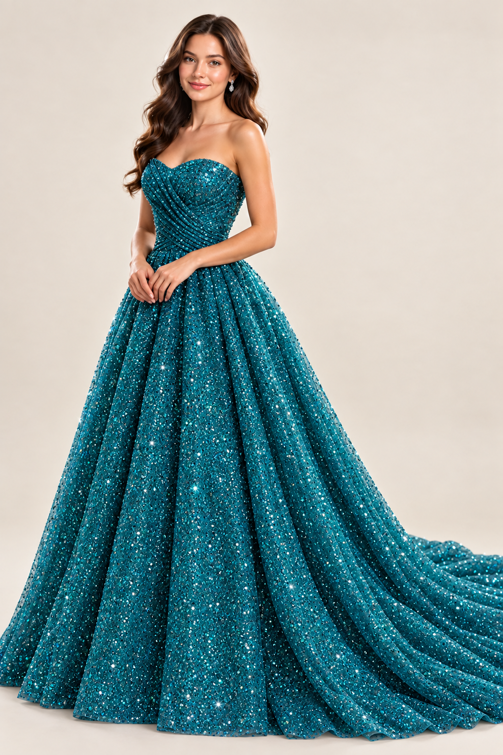 peacock royal blue glitter tulle strapless sweetheart ball gown prom dress with draped bodice and chapel train, front view