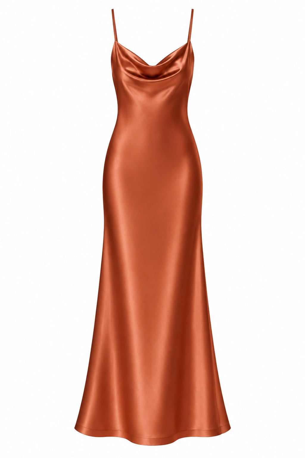 terracotta Satin Cowl Neck Mermaid Midi Dress – Front View