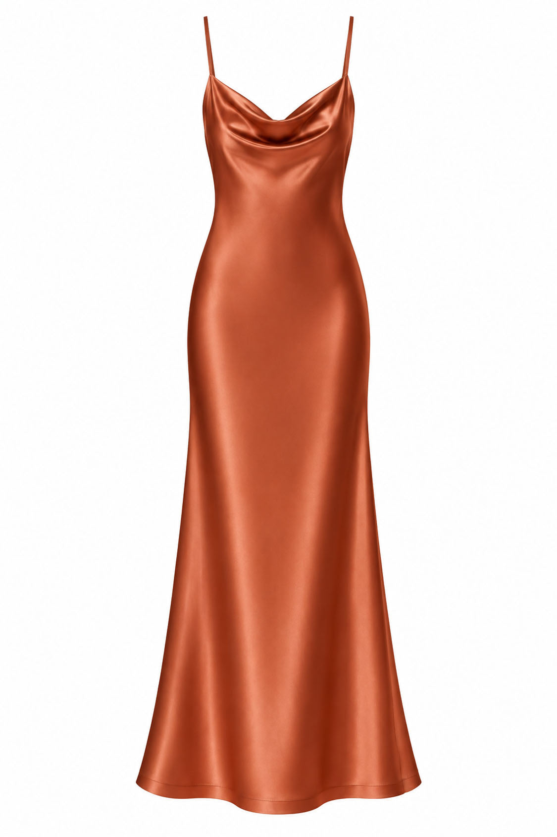 terracotta Satin Cowl Neck Mermaid Midi Dress – Front View