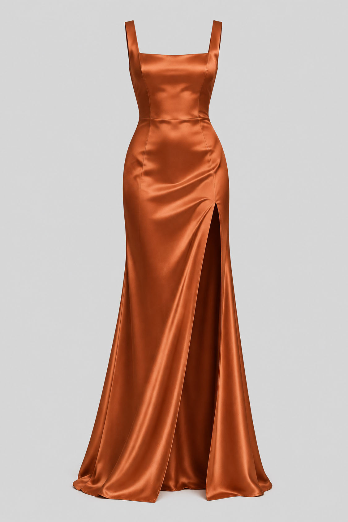 terracotta satin square neck mermaid evening dress with high slit, front view
