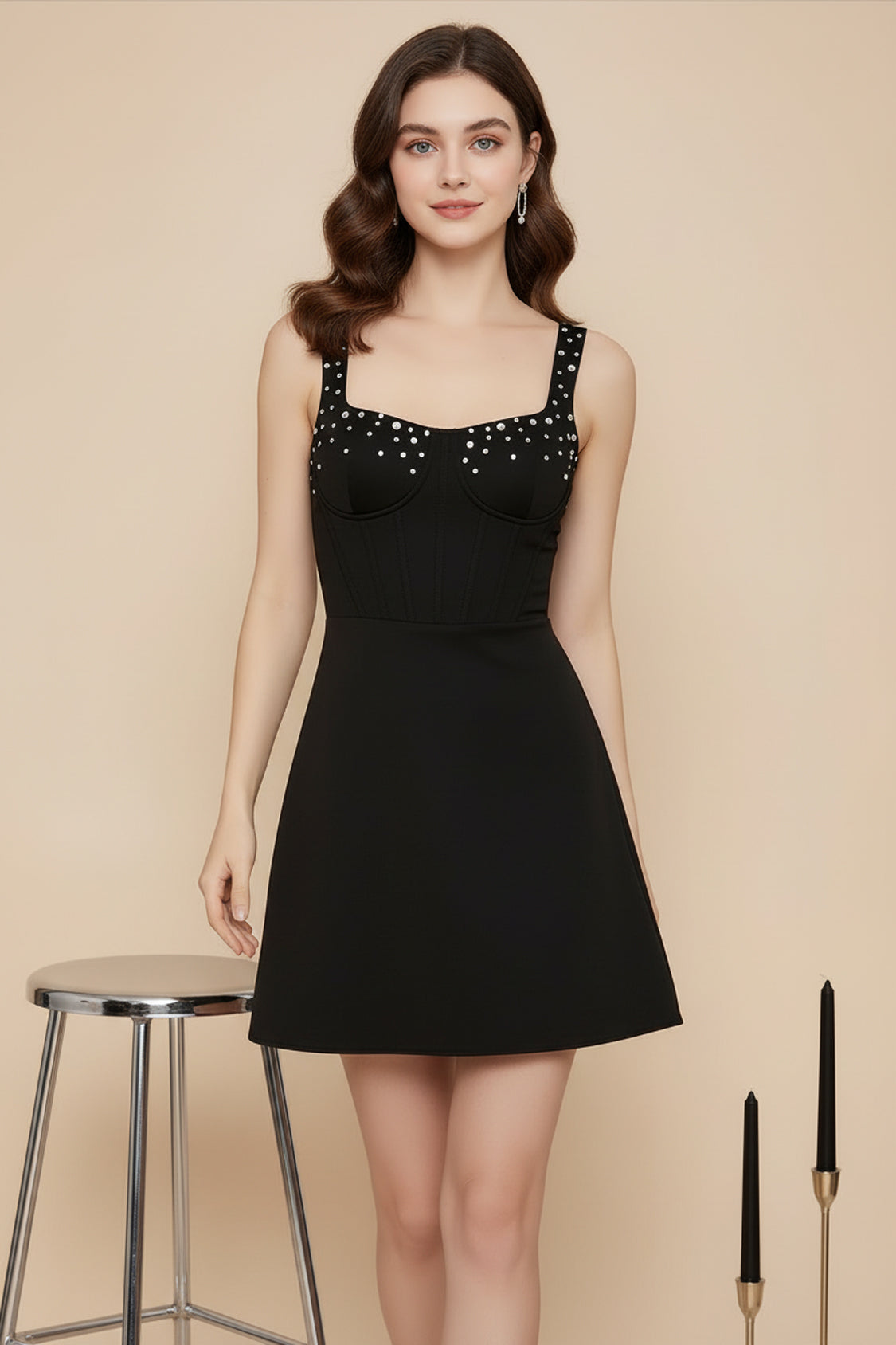 Black rhinestone A-line homecoming dress with softly flared skirt shown while walking XALPHEOR