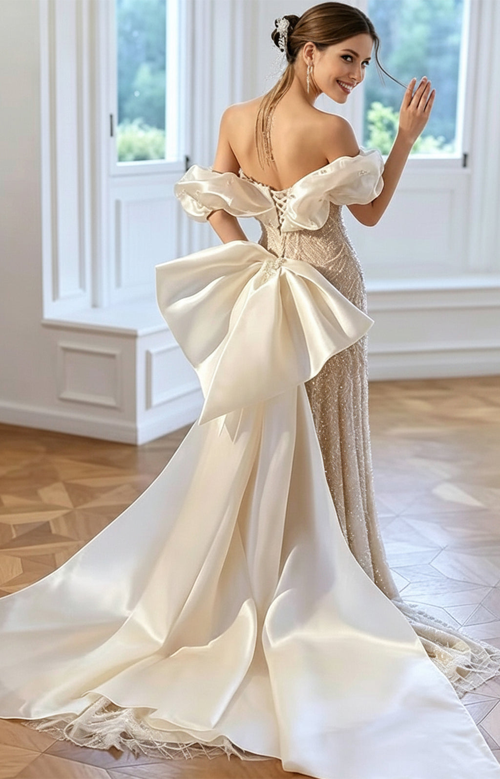 Back view of white beaded mermaid gown showing corset lace-up and dramatic satin train