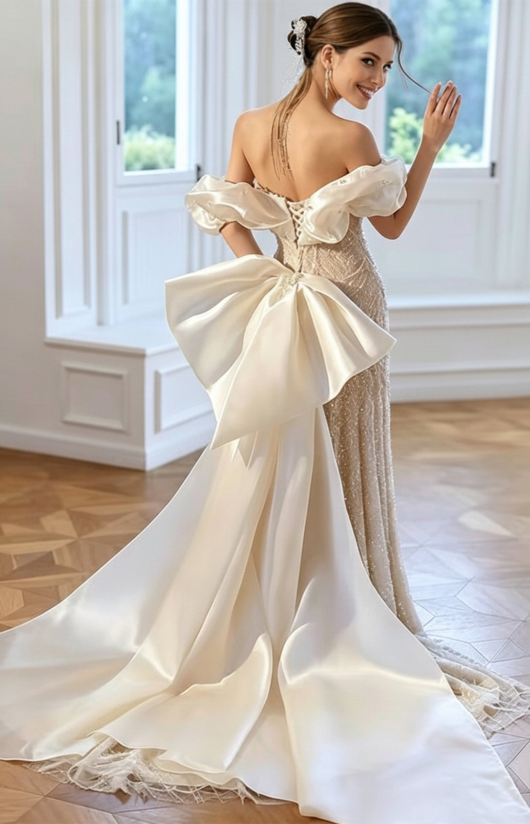 Back view of white beaded mermaid gown showing corset lace-up and dramatic satin train