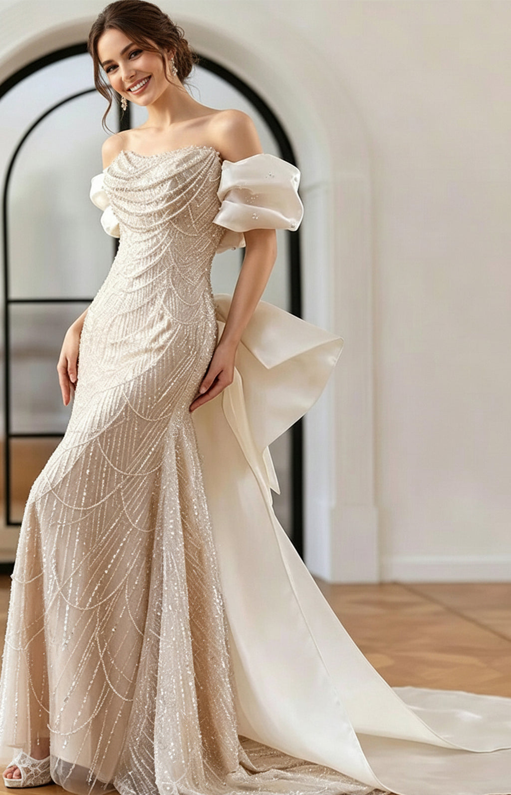 White beaded off-the-shoulder mermaid wedding dress with puff sleeves