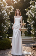 Elegant white satin corset prom dress with pearl straps, front view US