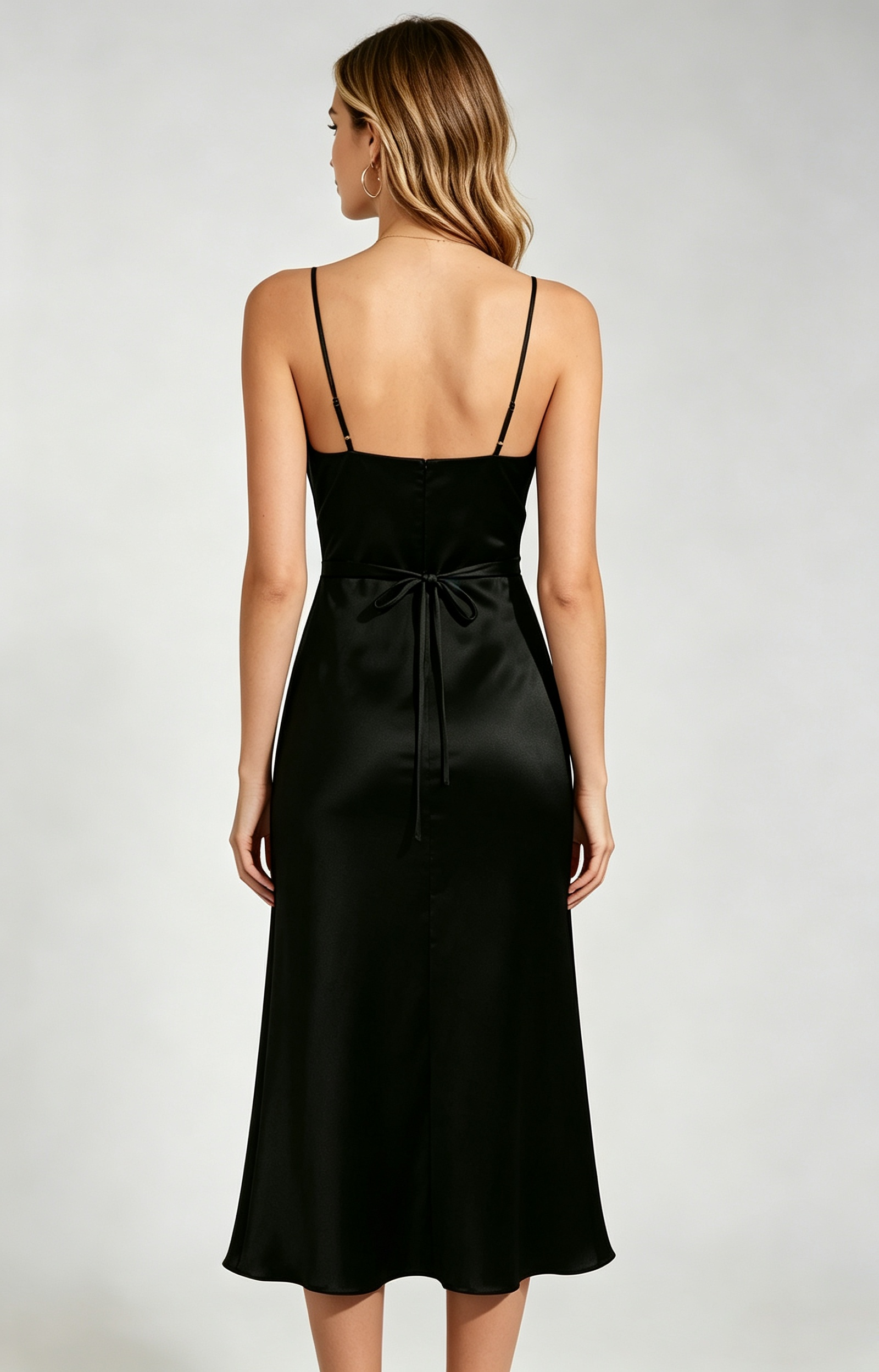 women black satin spaghetti strap midi dress back