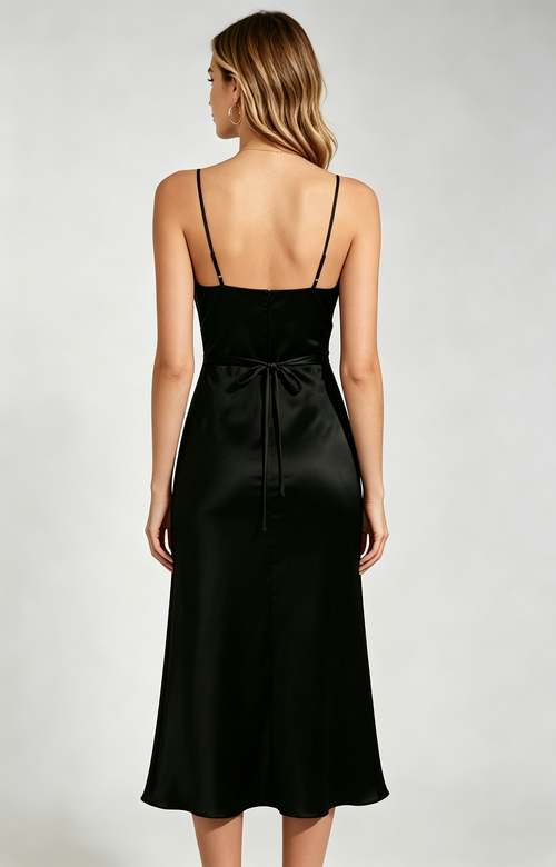 women black satin spaghetti strap midi dress back