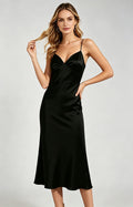 women black satin spaghetti strap midi dress front