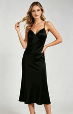 women black satin spaghetti strap midi dress front