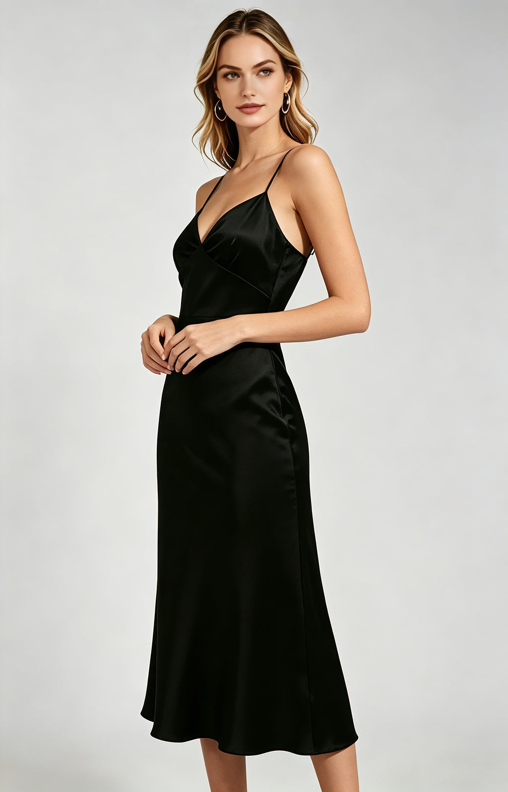 women black satin spaghetti strap midi dress side view 