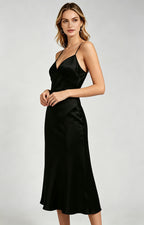 women black satin spaghetti strap midi dress side view 