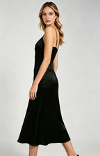women black satin spaghetti strap midi dress side