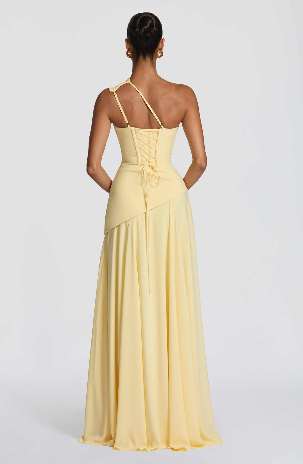 women one shoulder draped corset maxi gown with lace-up back dress back