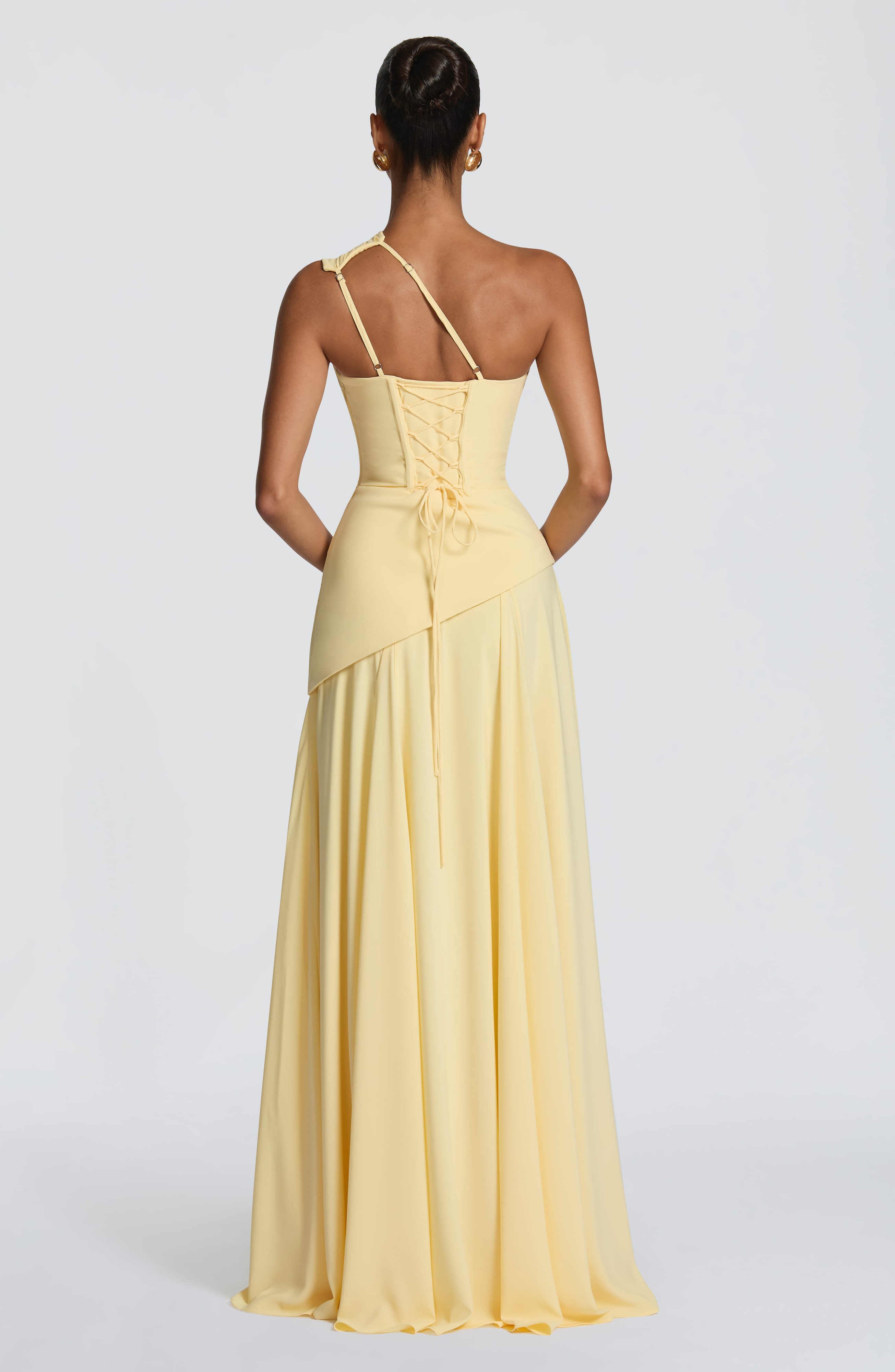 women one shoulder draped corset maxi gown with lace-up back dress back