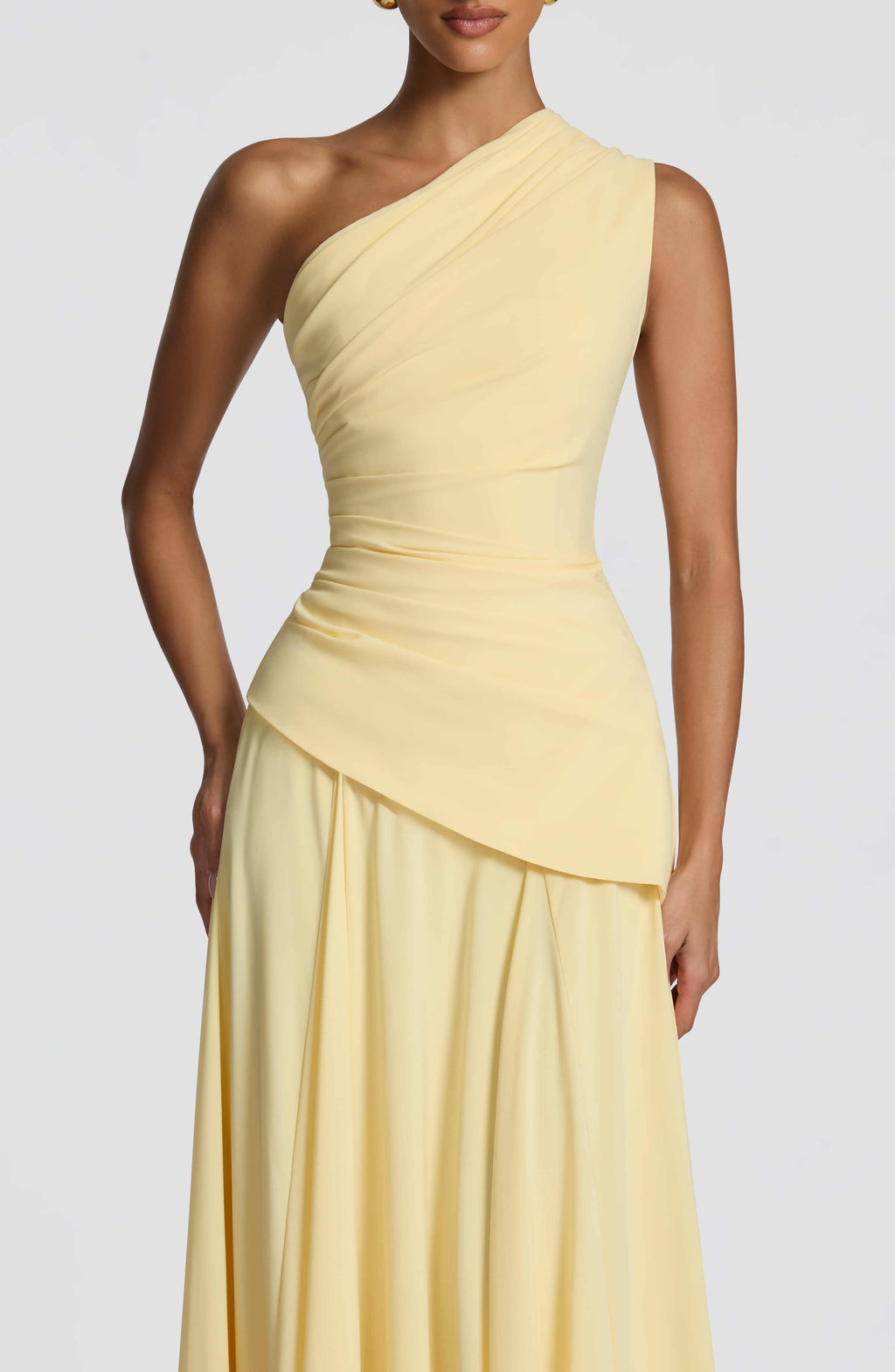 women one shoulder draped corset maxi gown with lace-up back dress fabric