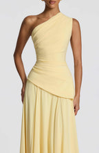 women one shoulder draped corset maxi gown with lace-up back dress fabric