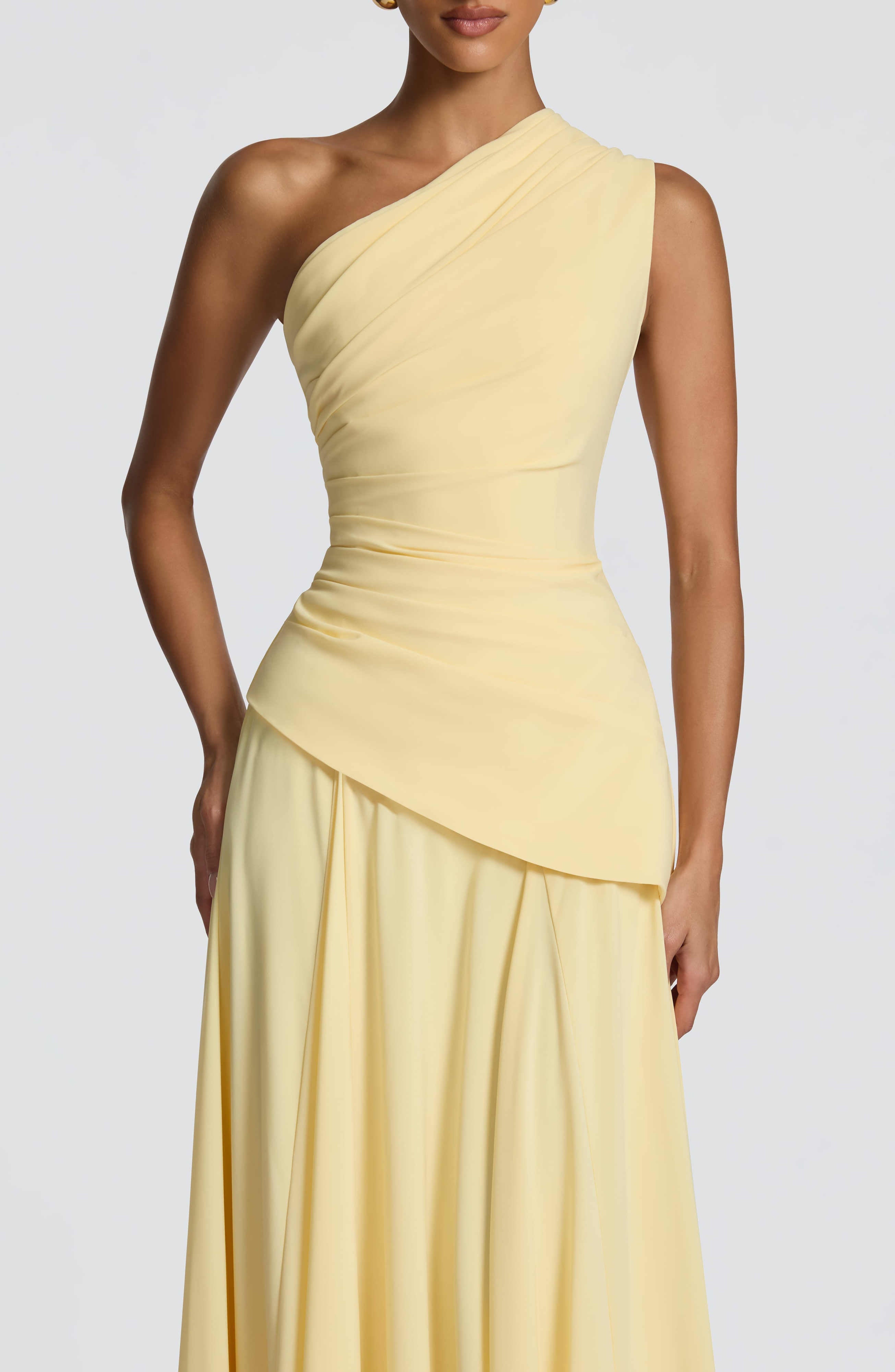 women one shoulder draped corset maxi gown with lace-up back dress fabric