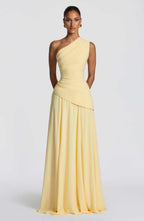 women one shoulder draped corset maxi gown with lace-up back dress front two