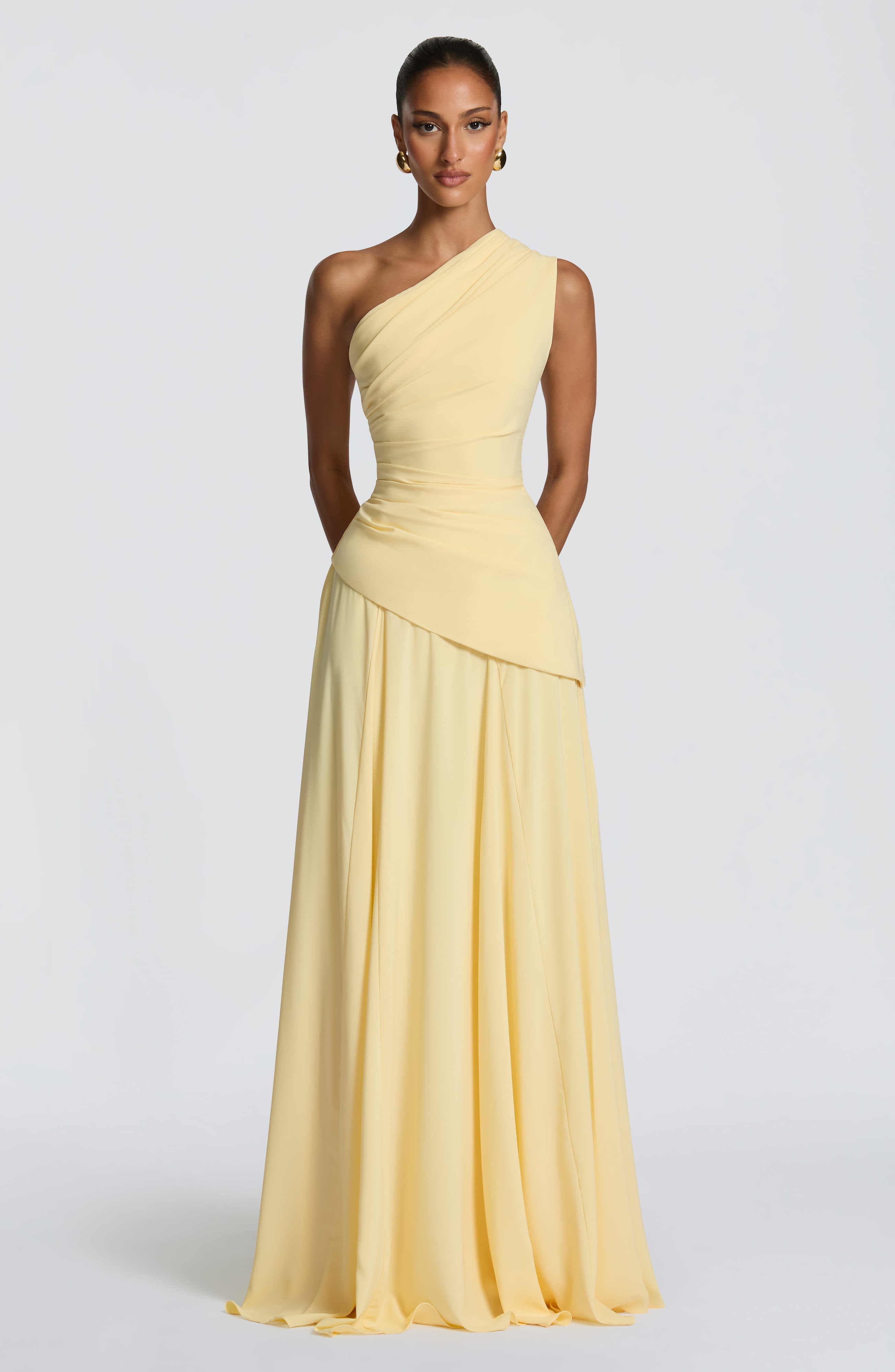 women one shoulder draped corset maxi gown with lace-up back dress front two