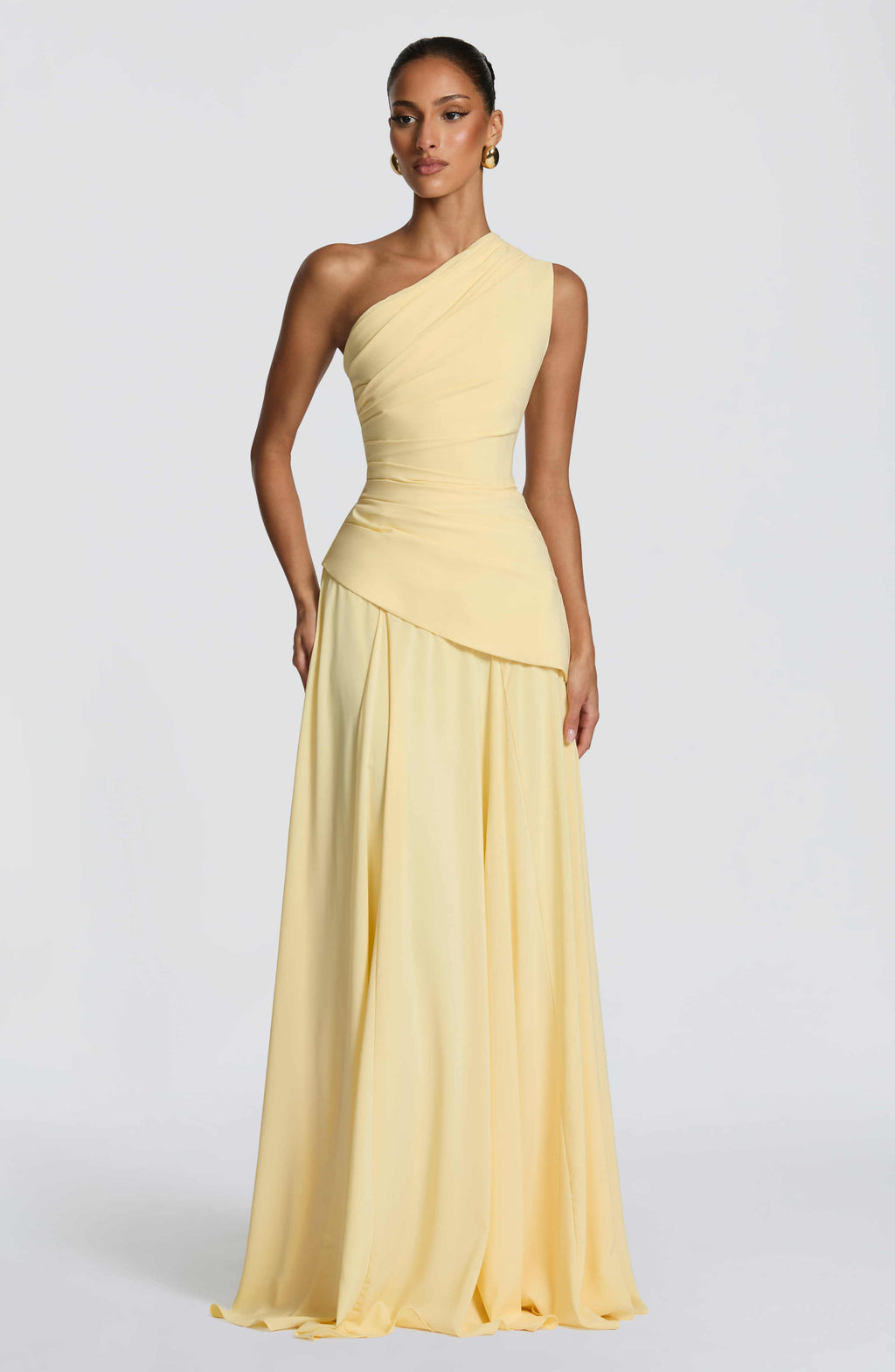 women one shoulder draped corset maxi gown with lace-up back dress scene