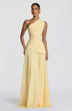 women one shoulder draped corset maxi gown with lace-up back dress scene