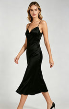 women black satin spaghetti strap midi dress scene