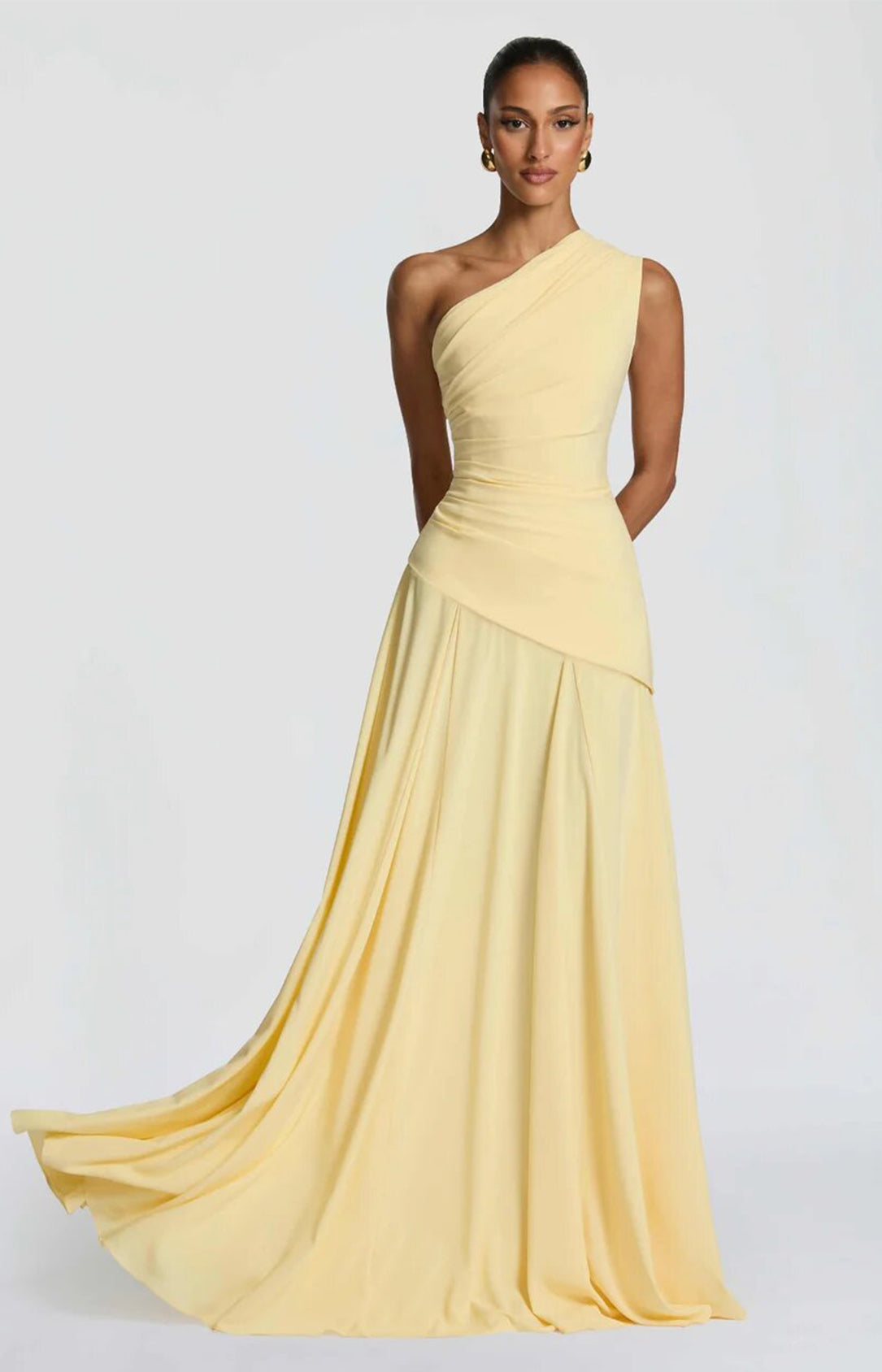 women one shoulder draped corset maxi gown with lace-up back dress front view